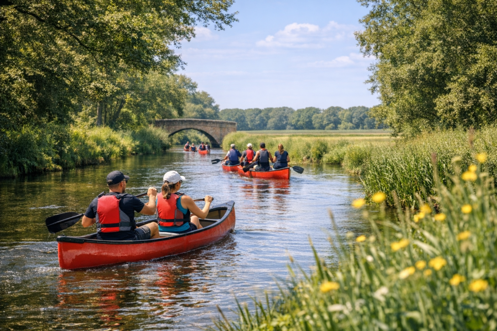 Mehrere Teilnehmer paddeln gemeinsam in Kanus über einen von Wiesen und Ufervegetation umgebenen Fluss.